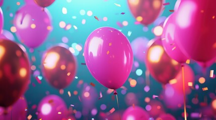 Colorful balloons floating in the air surrounded by vibrant confetti against a bright festive background