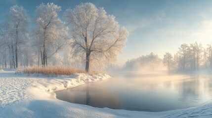 A serene winter landscape featuring frosted trees by a misty river.