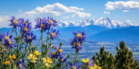 Close-up of the foothills leading to the Denver mountains during spring, with blooming wildflowers and blue skies. © Pech