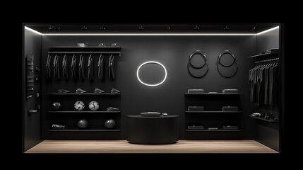 Obraz premium Sleek Modern Retail Display Featuring Minimalist Design with Black Walls and Warm Lighting Showcasing Athletic Gear and Accessories in Trendy Store Interior