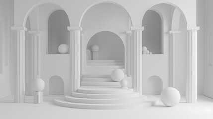 Minimalist white architecture with spheres and columns.