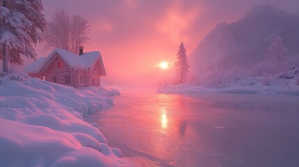 A serene winter landscape with a cozy cabin at sunset, surrounded by snow and ice.