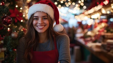 A smiling female retail worker in a Santa hat and red apron stands in a festive holiday store, surrounded by Christmas lights and decor. 