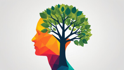 Colorful geometric illustration of a mental health advocate with a tree growing from their head
