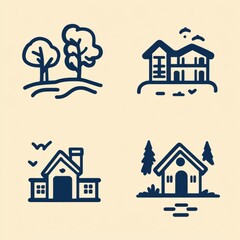Fototapeta premium Illustrative Set of Minimalist Nature and Home Icons Featuring Trees, Houses, and Scenic Elements for Creative and Design Projects