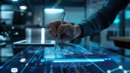An artistic image of a business professional using a digital pen to sign a virtual contract on a transparent touchscreen interface, with holographic elements surrounding the screen