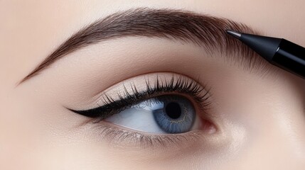 Applying eyebrow makeup near a blue eye