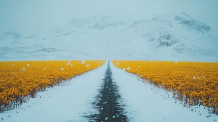 A snowy road leads through a field of vibrant yellow flowers against a mountainous backdrop.