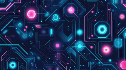 High-tech, futuristic pattern inspired by circuit boards and neon lights. Glowing nodes, and abstract shapes in cyberpunk style. Color palette of blue, green, pink, and black.