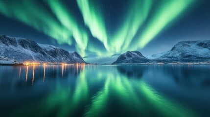 A stunning aurora borealis illuminates the night sky over snow-capped mountains and a calm lake.