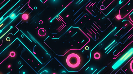 High-tech, futuristic pattern inspired by circuit boards and neon lights. Glowing nodes, and abstract shapes in cyberpunk style. Color palette of blue, green, pink, and black.