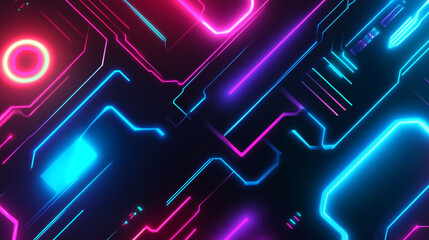 High-tech, futuristic pattern inspired by circuit boards and neon lights. Glowing nodes, and abstract shapes in cyberpunk style. Color palette of blue, green, pink, and black.