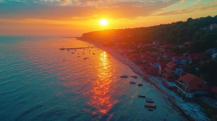 A stunning sunset over a coastal village, reflecting on calm waters with boats anchored nearby.