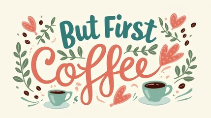 Charming coffee-themed illustration with heart and leaf accents and the text "But first coffee".