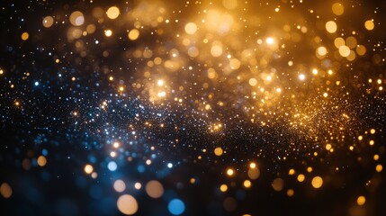 A vibrant abstract background featuring shimmering blue and gold particles.