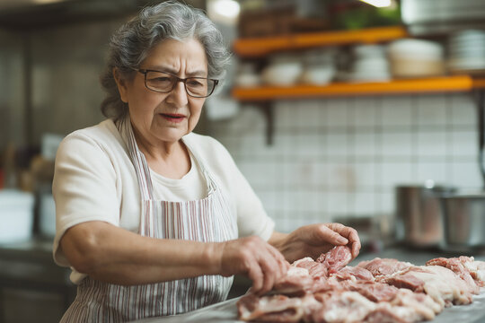 Elderly woman preparing meat in a cozy kitchen during the afternoon. Generative AI - Powered by Adobe