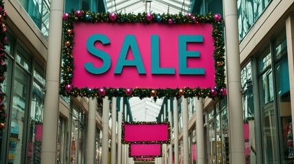 Obraz premium Bright Festive Sale Banners in Shopping Mall with Holiday Decorations and Cheerful Atmosphere