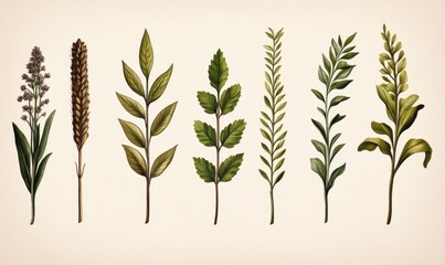 Naklejka premium Antique engraving of forage plants from Brockhaus Konversations-Lexikon 1908; sepia and sage tones 