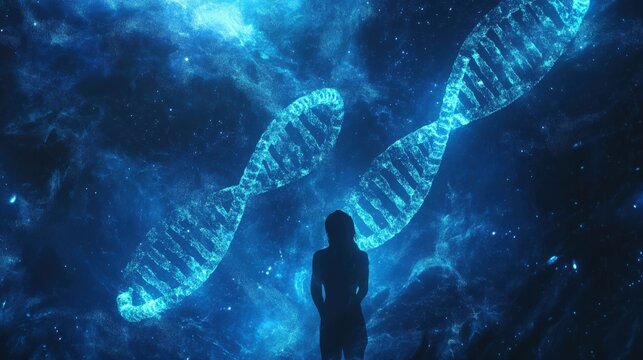 Woman Silhouetted Against Cosmic DNA Structures