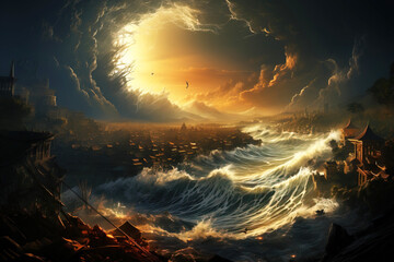 Mystical fantasy tsunami, high sea waves against the background of a cloudy sky. AI generated.