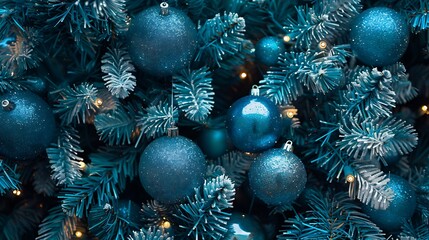 A glittering blue Christmas tree adorned with silver ornaments