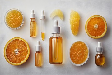 A cut orange with a cross section visible and orange essence in various transparent glass essence bottles are placed on a white table.