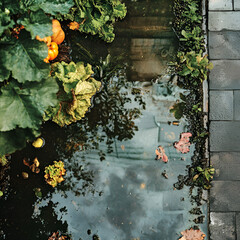 Autumn reflections vibrant vegetation and calm waters in a serene urban garden nature photography peaceful atmosphere close-up perspective