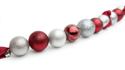Vertical strand of red and silver baubles tied together with a glittery ribbon, isolated on white