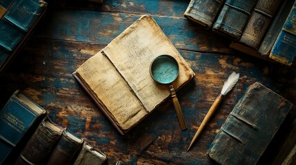 Naklejka premium Photo, a book placed in a verticle direction on a very old wooden table, along with quill and very old magnifying glass, against a background of old book stands, shot from above