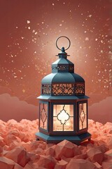 Isalamic lantern with minimal lowpoly cloud on coral color background. Ramadan Kareem and Eid...