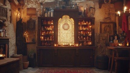 Enchanting vintage apothecary interior featuring ornate glass window, shelves filled with various bottles, warm lighting, and rustic decor in a cozy, atmospheric space