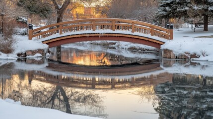 Serene Winter Scene of a Wooden Bridge over a Frozen Pond Surrounded by Snow-Covered Trees and Reflections of a Golden Sunset in a Peaceful Park