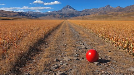A vibrant red sphere rests on a rugged path through a golden landscape with mountains in the distance.