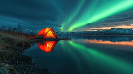 A vibrant tent illuminated by the Northern Lights, reflecting in a serene lake.