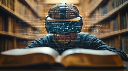 Person Using Virtual Reality Headset in Library Surrounded by Floating Digital Data Representations and Open Book, Blending Technology and Knowledge