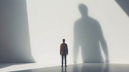 Fototapeta premium A lone man faces his giant shadow cast on a white wall in a vast, empty room. The scene blends elements of surrealism and introspection, invoking themes of identity, fear, and solitude.