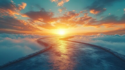 A winding road leads to a vibrant sunset above the clouds, evoking a sense of adventure.