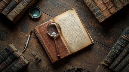 Photo, a book placed in a verticle direction on a very old wooden table, along with quill and very old magnifying glass, against a background of old book stands, shot from above