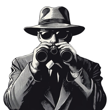 recommend clip art: mysterious spy in hat and trench coat, peering through binoculars, classic noir and detective themes sketch engraving 