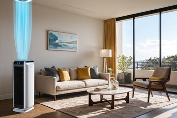 Fototapeta premium High-Tech Air Purifier and Cooling System in a Chic Sunny Living Space