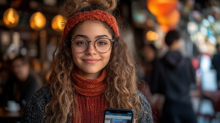 A young woman smiles while holding a smartphone in a cozy caf? setting.