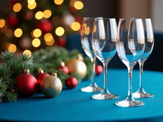 Elegant holiday table setting with wine glasses and festive decorations during Christmas