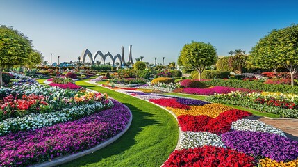 A vibrant garden pathway adorned with colorful flowers under a clear blue sky, showcasing nature's beauty and intricate landscaping.