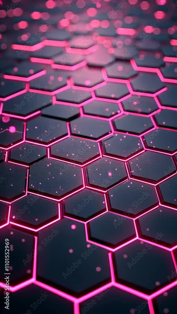 Poster pink neon hexagons: abstract digital art showcasing a mesmerizing grid of hexagons illuminated by vi