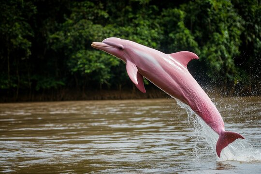 Pink dolphin leaping, splashing water, river.
