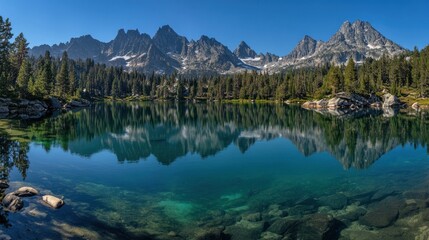 Fototapeta premium Majestic mountain range reflected in a pristine alpine lake