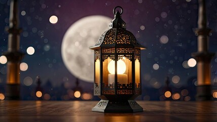 Lantern that have moon symbol on top with blurred focus of paper cut for mosque shape background. Ramadan Kareem and Islamic new year concept.