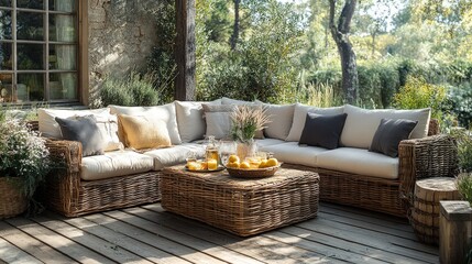 Cozy outdoor seating area with a woven sofa and refreshments, surrounded by greenery.