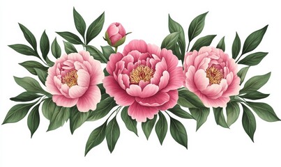 Elegant pink peonies bloom on a white background, showcasing freshness; soft pink and white 