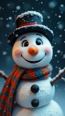 Cheerful snowman with scarf and top hat in a winter wonderland.